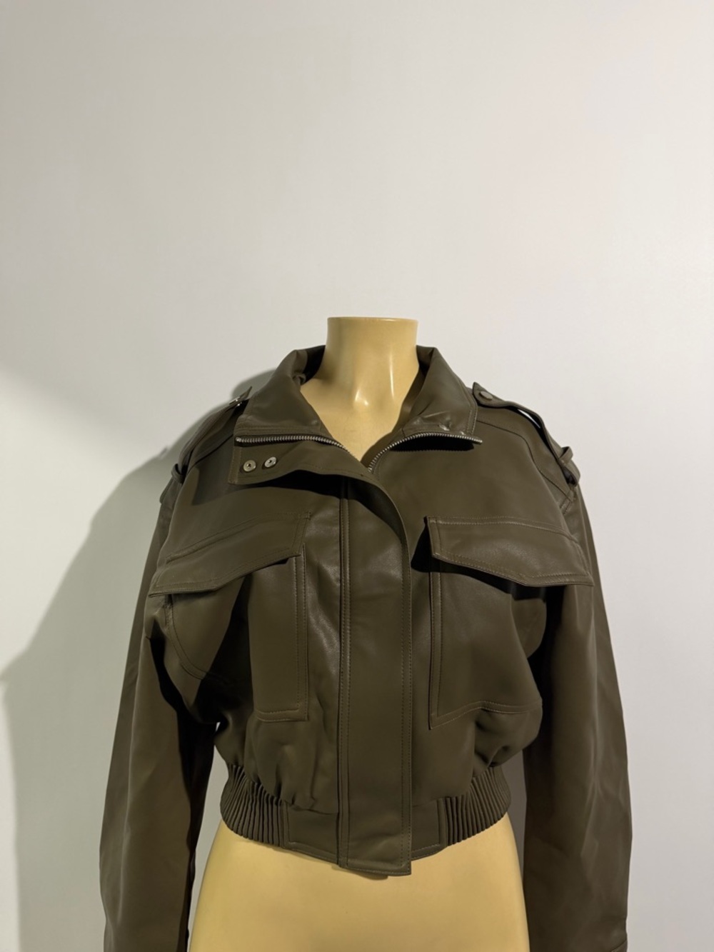 Olive Green Women's Vegan Faux Leather Bomber Jacket